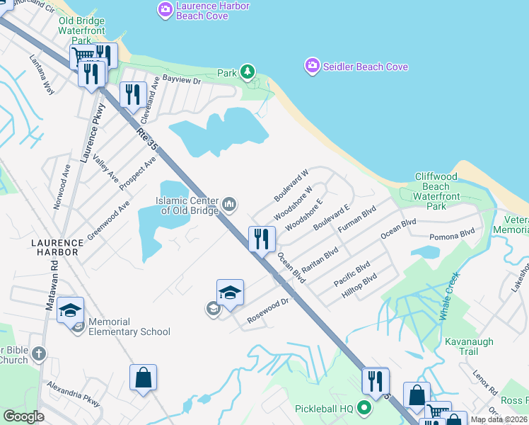 map of restaurants, bars, coffee shops, grocery stores, and more near 74 Woodshore West in Keyport