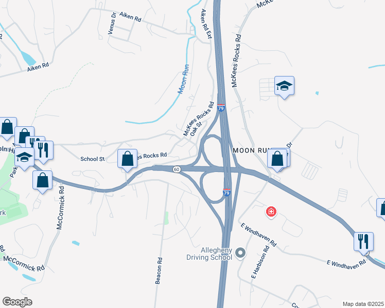 map of restaurants, bars, coffee shops, grocery stores, and more near 1458 Old Steubenville Pike in Pittsburgh