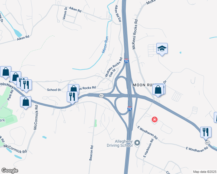 map of restaurants, bars, coffee shops, grocery stores, and more near 1461 Old Steubenville Pike in Pittsburgh