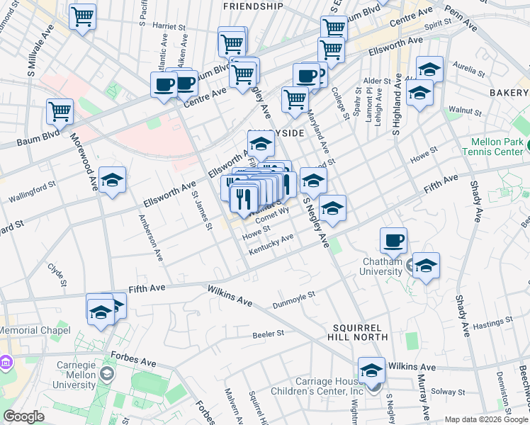 map of restaurants, bars, coffee shops, grocery stores, and more near in Pittsburgh