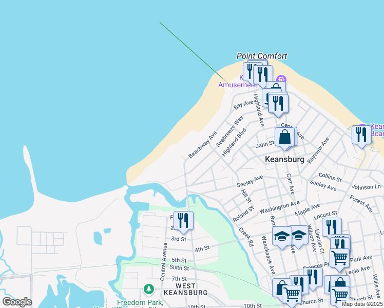 map of restaurants, bars, coffee shops, grocery stores, and more near 179 Seabreeze Way in Keansburg