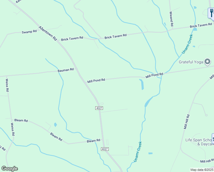 map of restaurants, bars, coffee shops, grocery stores, and more near 2155 Mill Pond Road in Quakertown
