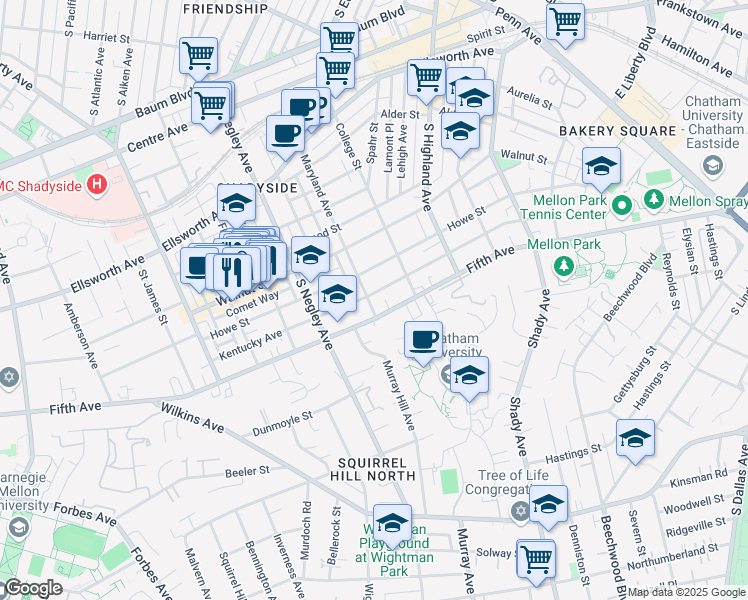 map of restaurants, bars, coffee shops, grocery stores, and more near 5780 Fifth Avenue in Pittsburgh