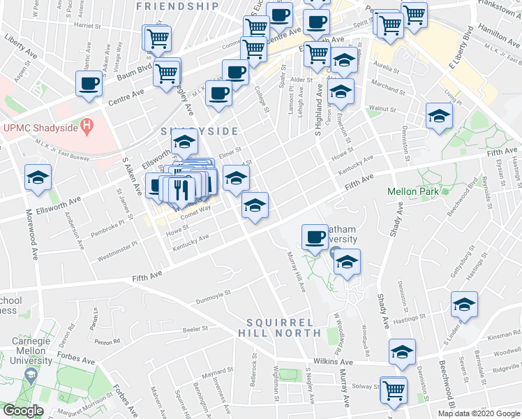 map of restaurants, bars, coffee shops, grocery stores, and more near 5701 Fifth Avenue in Pittsburgh