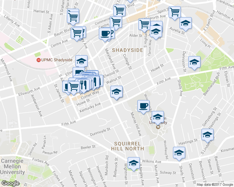 map of restaurants, bars, coffee shops, grocery stores, and more near 5701 Fifth Avenue in Pittsburgh