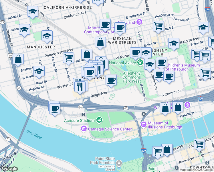 map of restaurants, bars, coffee shops, grocery stores, and more near 826 Ridge Avenue in Pittsburgh