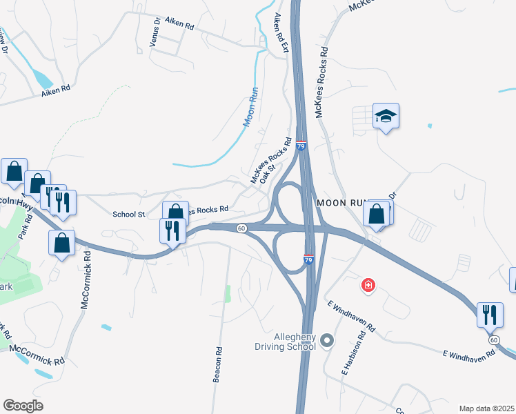 map of restaurants, bars, coffee shops, grocery stores, and more near 1461 Old Steubenville Pike in Pittsburgh