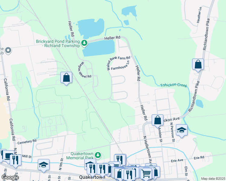 map of restaurants, bars, coffee shops, grocery stores, and more near 1102 Schoolhouse Lane in Quakertown