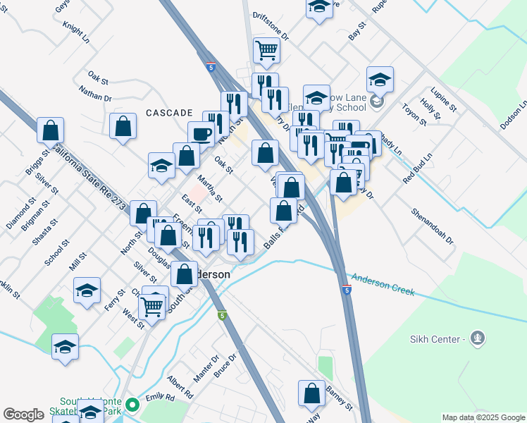 map of restaurants, bars, coffee shops, grocery stores, and more near 2215 South Street in Anderson