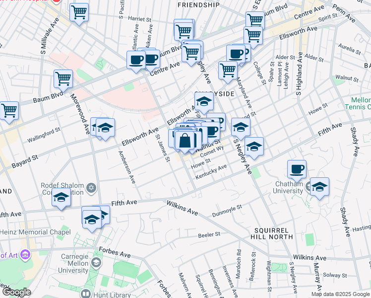 map of restaurants, bars, coffee shops, grocery stores, and more near 5418 Walnut Street in Pittsburgh