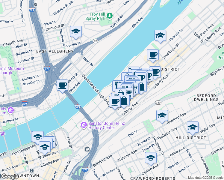 map of restaurants, bars, coffee shops, grocery stores, and more near 1679 Waterfront Place in Pittsburgh