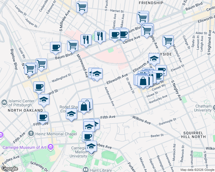 map of restaurants, bars, coffee shops, grocery stores, and more near 609 Amberson Avenue in Pittsburgh