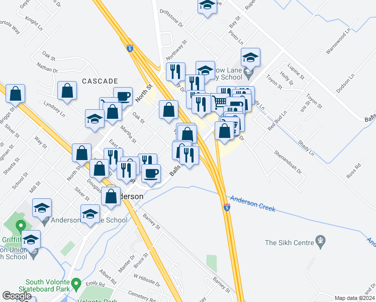 map of restaurants, bars, coffee shops, grocery stores, and more near 2350 Balls Ferry Road in Anderson