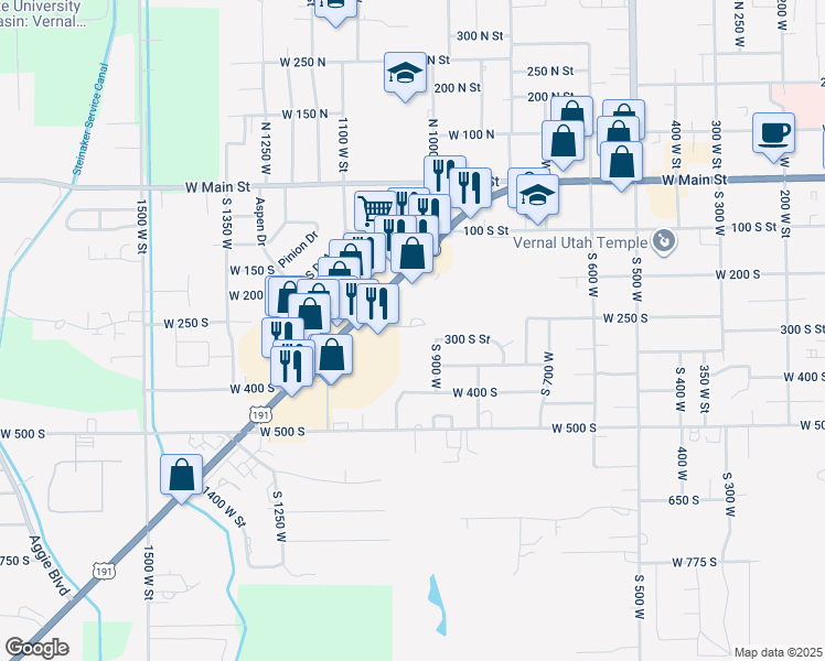 map of restaurants, bars, coffee shops, grocery stores, and more near 1562 West 300 South in Vernal