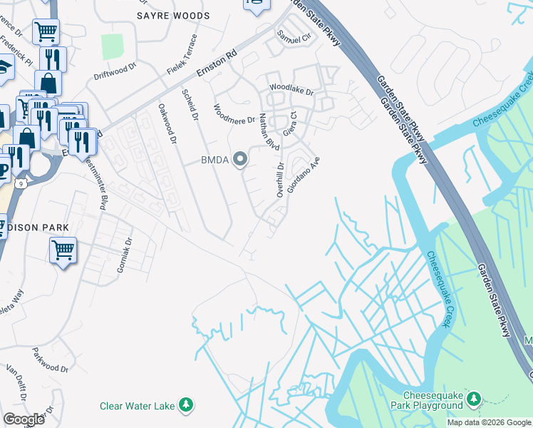 map of restaurants, bars, coffee shops, grocery stores, and more near 83 Overhill Drive in Sayreville