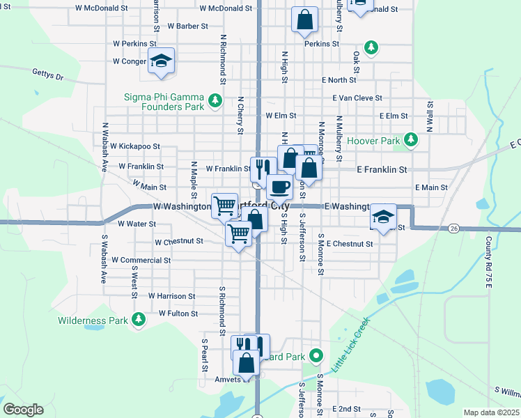 map of restaurants, bars, coffee shops, grocery stores, and more near in Hartford City
