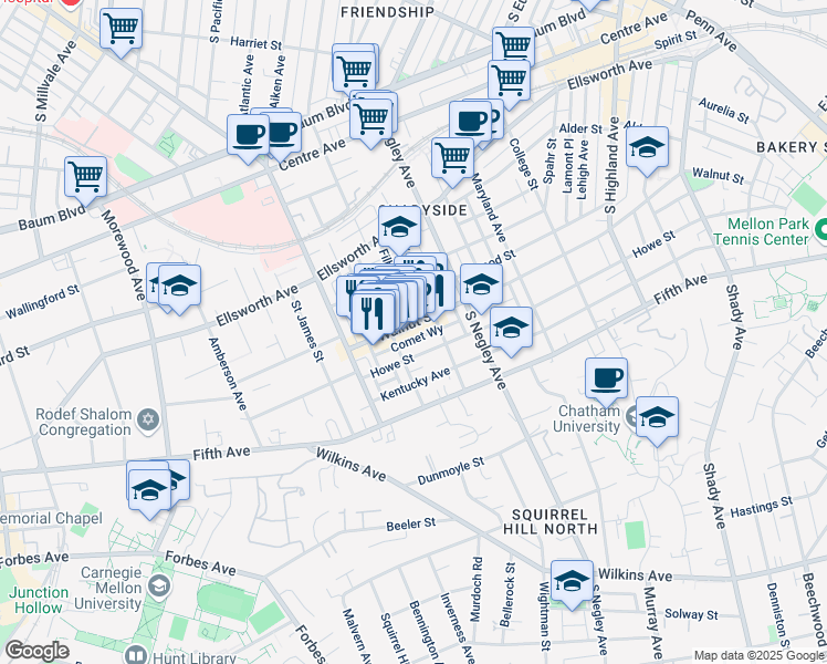map of restaurants, bars, coffee shops, grocery stores, and more near 5518 Walnut Street in Pittsburgh