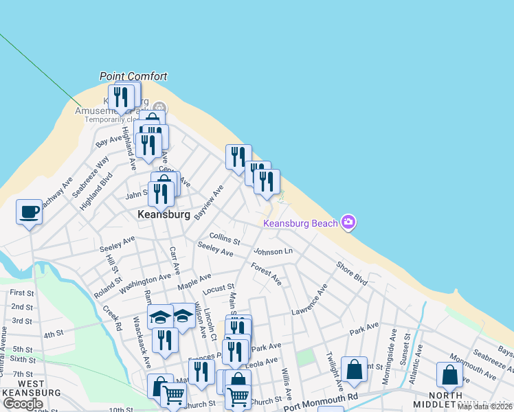 map of restaurants, bars, coffee shops, grocery stores, and more near 7 Center Avenue in Keansburg