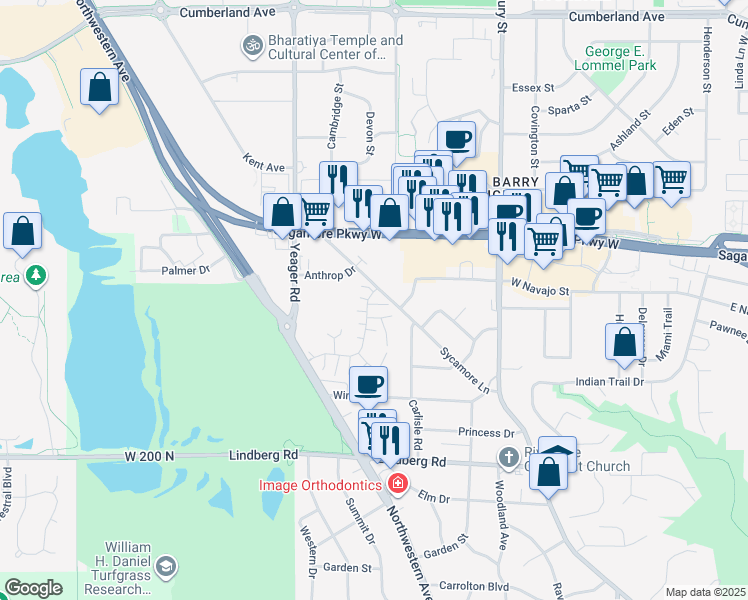 map of restaurants, bars, coffee shops, grocery stores, and more near 2204 Trace 22 in West Lafayette