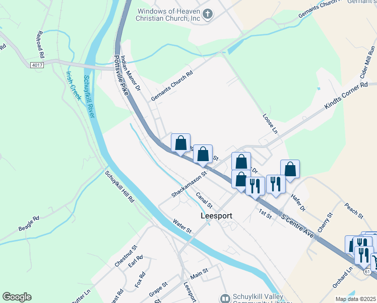 map of restaurants, bars, coffee shops, grocery stores, and more near 151 North Centre Avenue in Leesport