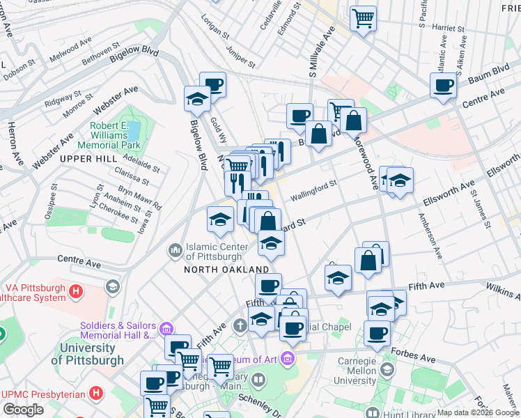 map of restaurants, bars, coffee shops, grocery stores, and more near 245 Melwood Avenue in Pittsburgh