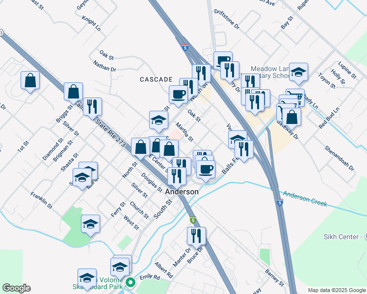 map of restaurants, bars, coffee shops, grocery stores, and more near 2906 East Street in Anderson