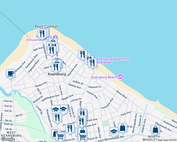 map of restaurants, bars, coffee shops, grocery stores, and more near in Keansburg
