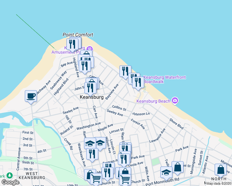 map of restaurants, bars, coffee shops, grocery stores, and more near 61 Pine View Avenue in Keansburg