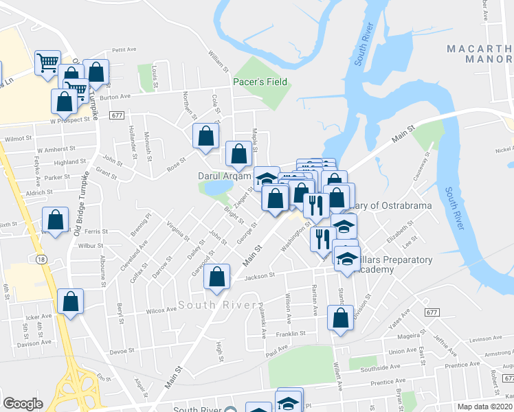 map of restaurants, bars, coffee shops, grocery stores, and more near 33 George Street in South River