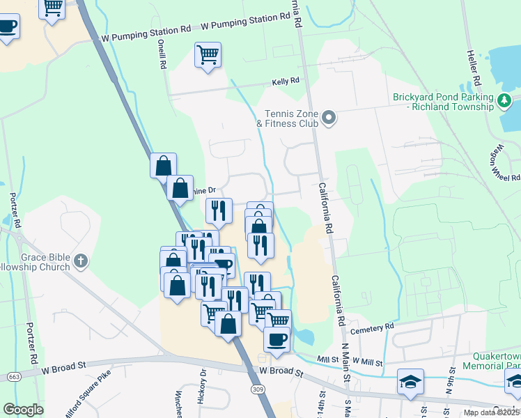 map of restaurants, bars, coffee shops, grocery stores, and more near 154 Redwood Drive in Quakertown