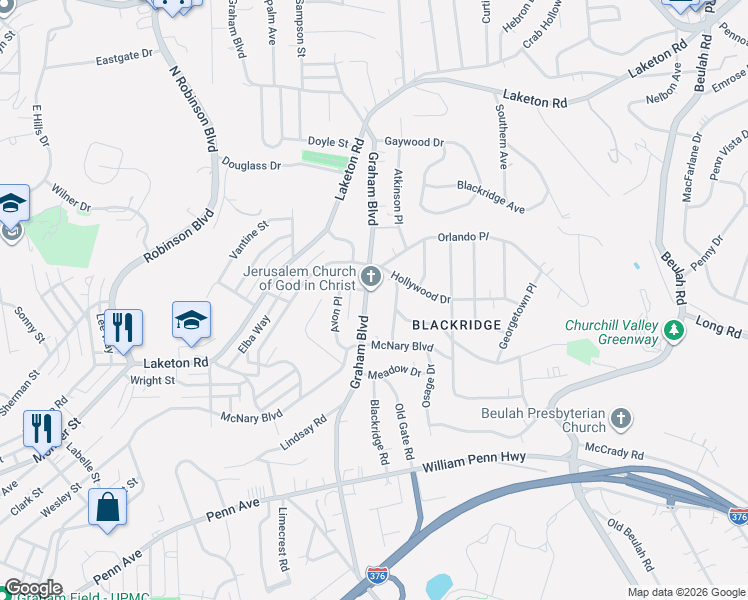 map of restaurants, bars, coffee shops, grocery stores, and more near 1528 Graham Boulevard in Pittsburgh