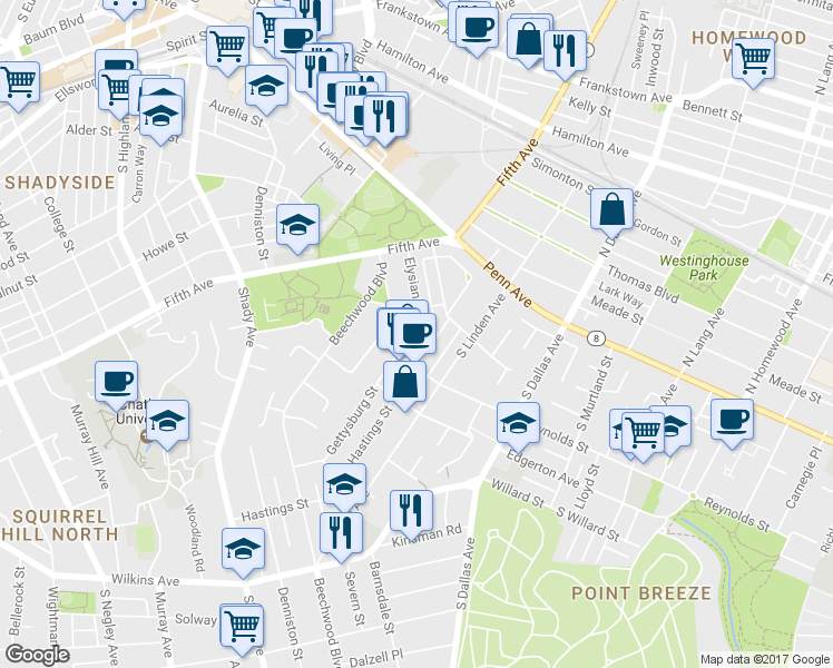 map of restaurants, bars, coffee shops, grocery stores, and more near 350 Hastings Street in Pittsburgh