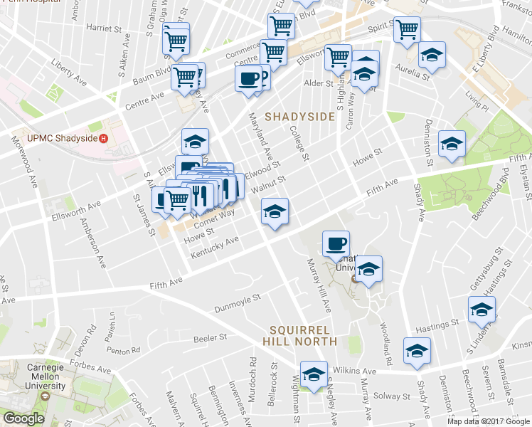 map of restaurants, bars, coffee shops, grocery stores, and more near 5701 Fifth Avenue in Pittsburgh