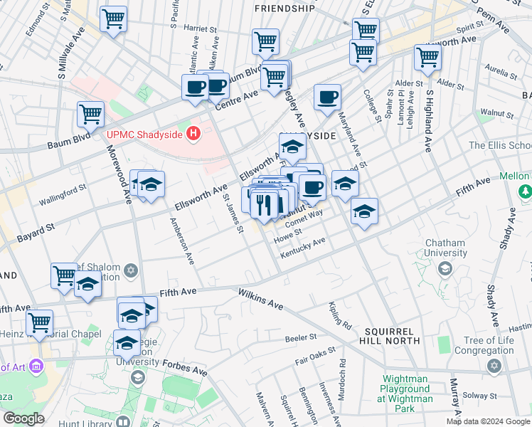 map of restaurants, bars, coffee shops, grocery stores, and more near 5418 Walnut Street in Pittsburgh