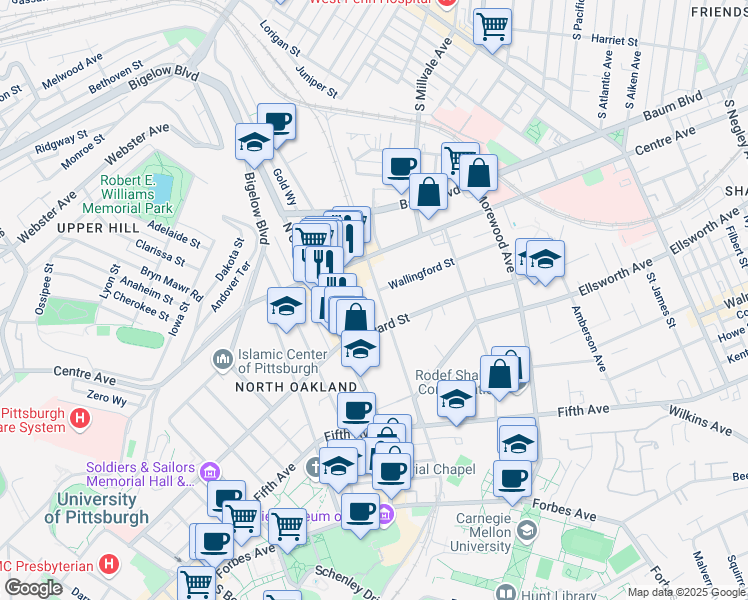 map of restaurants, bars, coffee shops, grocery stores, and more near 216 Melwood Avenue in Pittsburgh