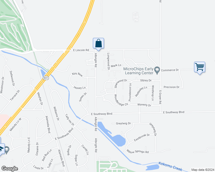 map of restaurants, bars, coffee shops, grocery stores, and more near 3114 Cricket Hill Drive in Kokomo