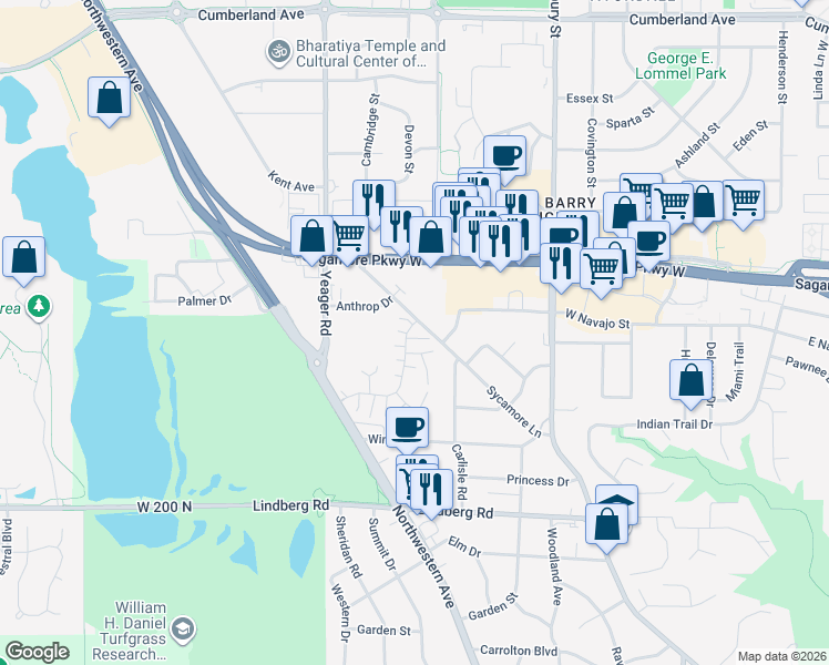 map of restaurants, bars, coffee shops, grocery stores, and more near 2204 Trace 22 in West Lafayette