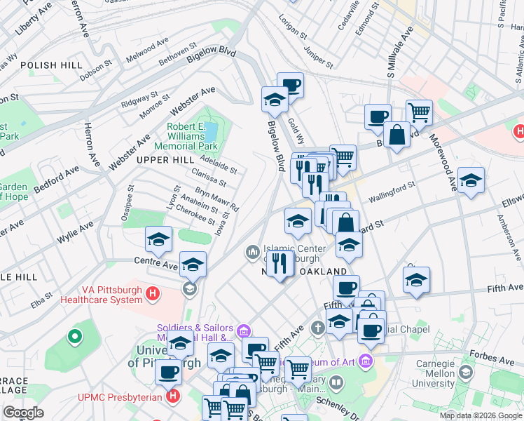 map of restaurants, bars, coffee shops, grocery stores, and more near 4363 Schenley Farms Terrace in Pittsburgh