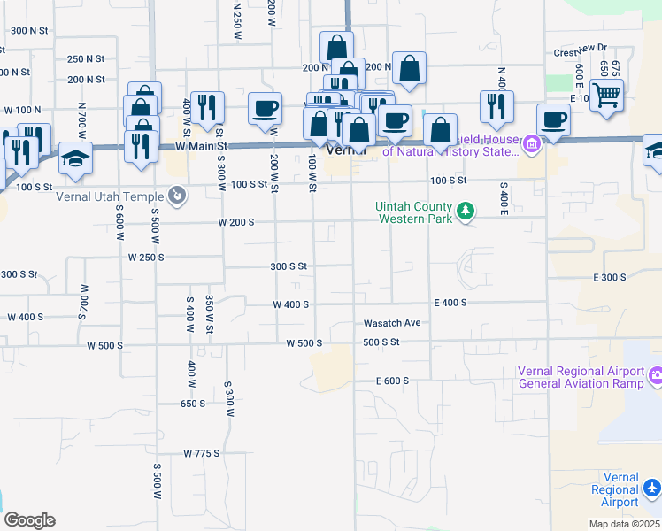 map of restaurants, bars, coffee shops, grocery stores, and more near 53 West 300 South in Vernal