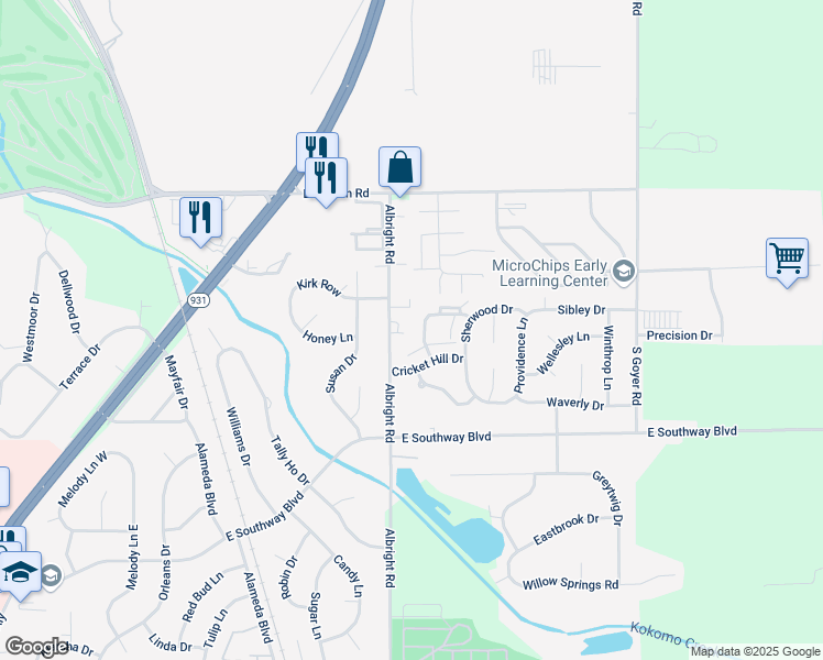 map of restaurants, bars, coffee shops, grocery stores, and more near 3131 Matthew Drive in Kokomo