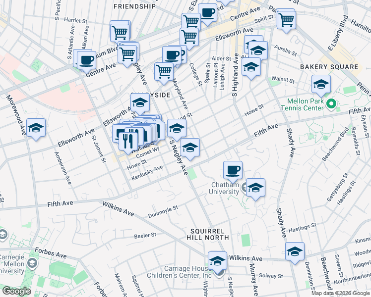 map of restaurants, bars, coffee shops, grocery stores, and more near 5701 Fifth Avenue in Pittsburgh