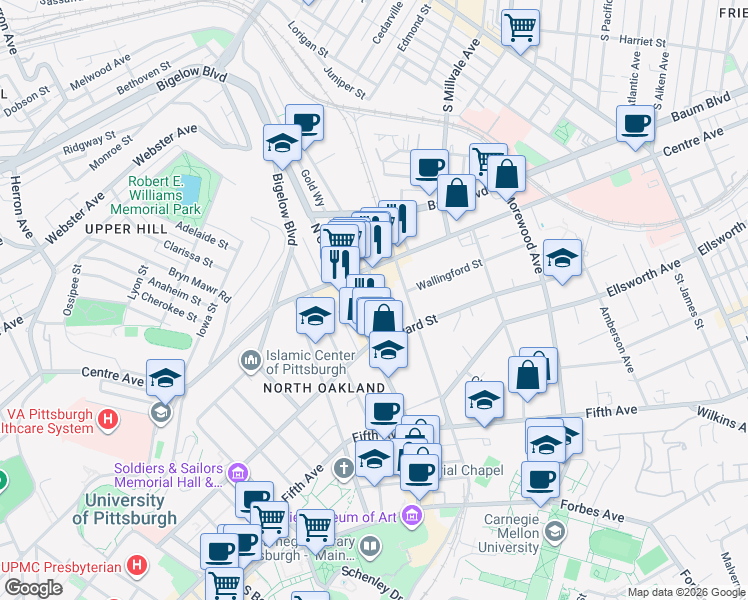 map of restaurants, bars, coffee shops, grocery stores, and more near 245 Melwood Avenue in Pittsburgh