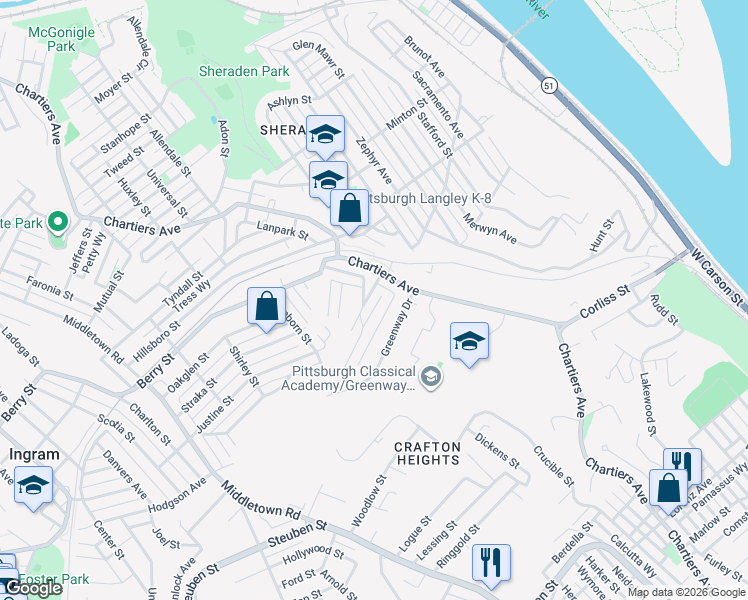 map of restaurants, bars, coffee shops, grocery stores, and more near 751 Municipal Street in Pittsburgh