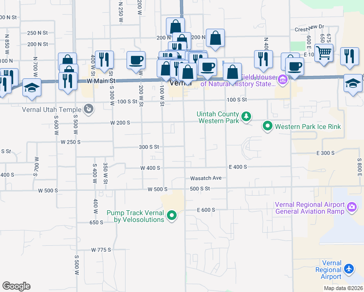 map of restaurants, bars, coffee shops, grocery stores, and more near 8 West 300 South in Vernal
