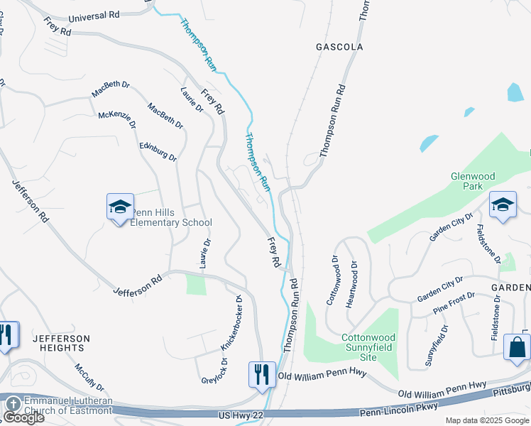 map of restaurants, bars, coffee shops, grocery stores, and more near 1422 Frey Road in Pittsburgh