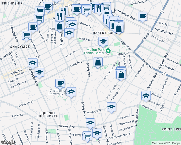 map of restaurants, bars, coffee shops, grocery stores, and more near 1059 Shady Avenue in Pittsburgh