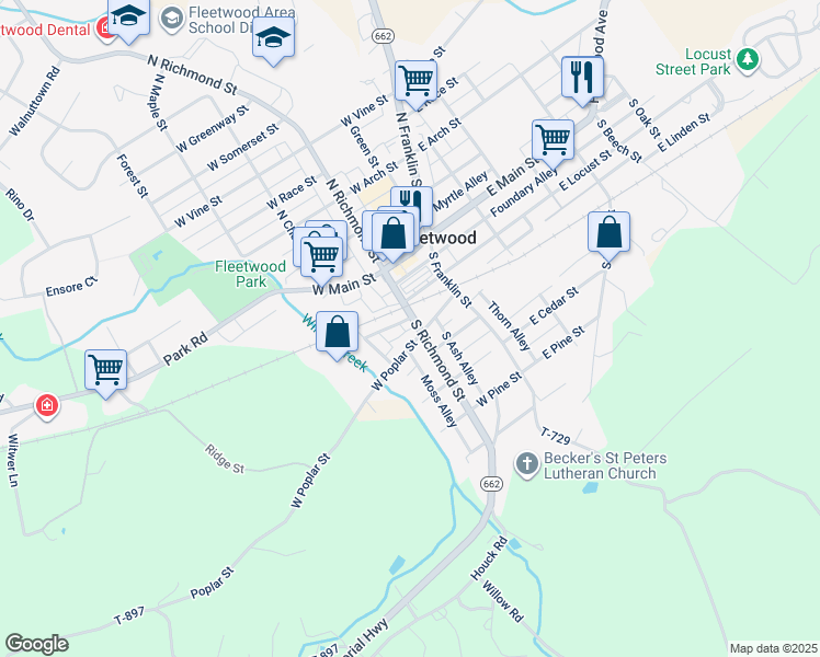 map of restaurants, bars, coffee shops, grocery stores, and more near 114 South Richmond Street in Fleetwood