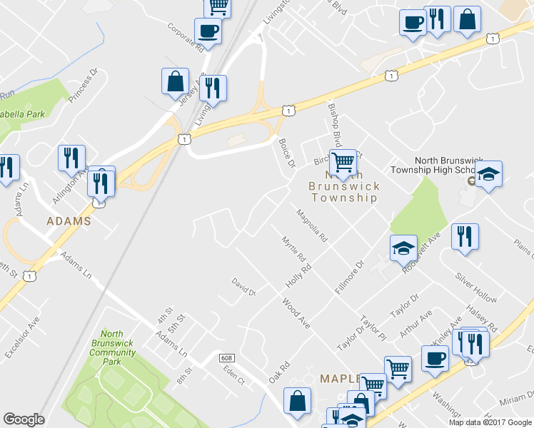 map of restaurants, bars, coffee shops, grocery stores, and more near 3707 Birchwood Court in North Brunswick