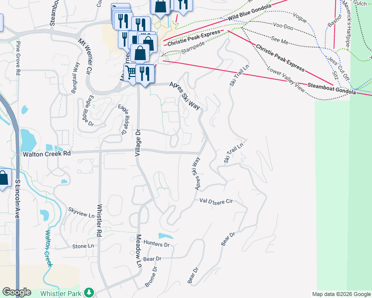 map of restaurants, bars, coffee shops, grocery stores, and more near 2030 Walton Creek Road in Steamboat Springs