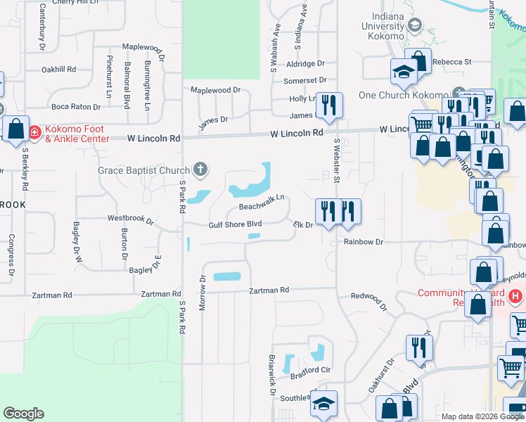 map of restaurants, bars, coffee shops, grocery stores, and more near 2838 Beachwalk Lane in Kokomo
